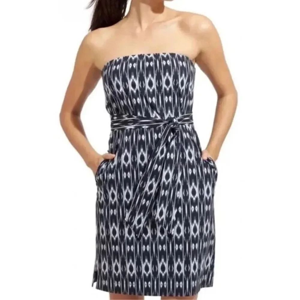 NWT! Athleta Navy Strapless Ikat Go Anywhere Mini Dress with Pockets Size 10